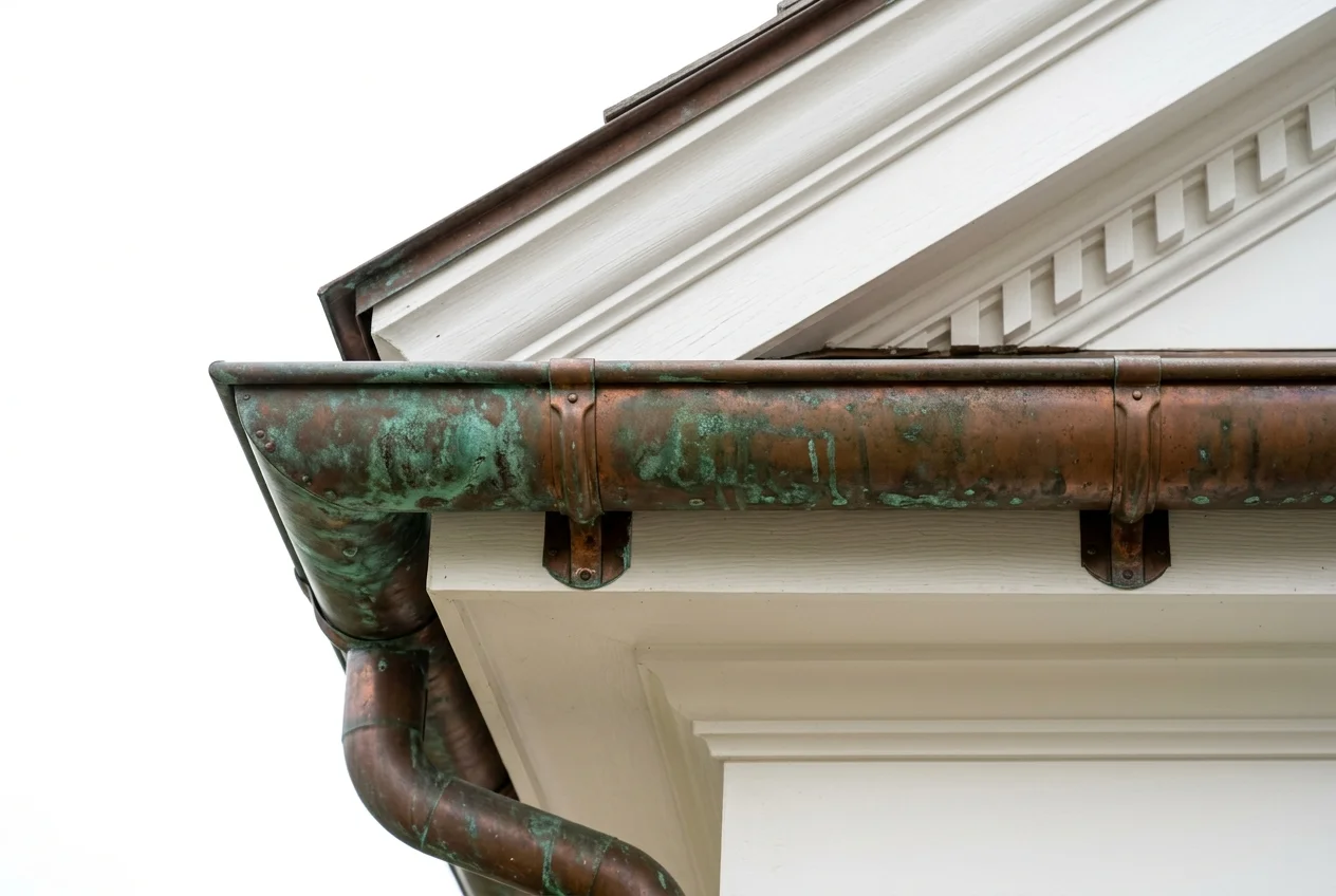 Copper half-round gutter with patina